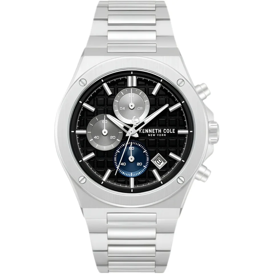 Kenneth Cole men’s analogue watch with black dial and silver stainless steel bracelet.