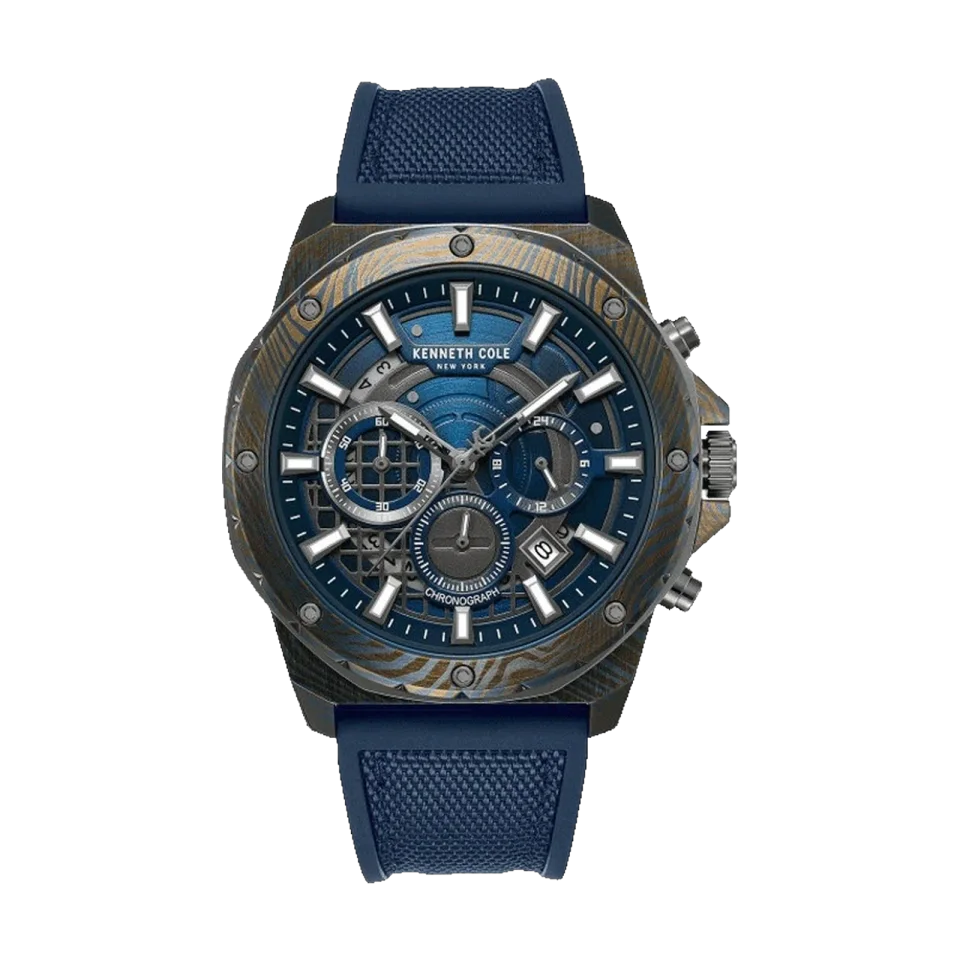 Kenneth Cole men’s quartz chronograph watch with blue dial, stainless steel case and blue silicone strap