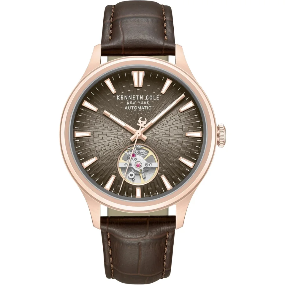 Kenneth Cole automatic men’s watch with a brown dial and brown leather strap.