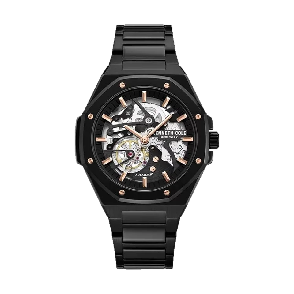 Kenneth Cole men’s automatic watch with black dial, stainless steel case and bracelet