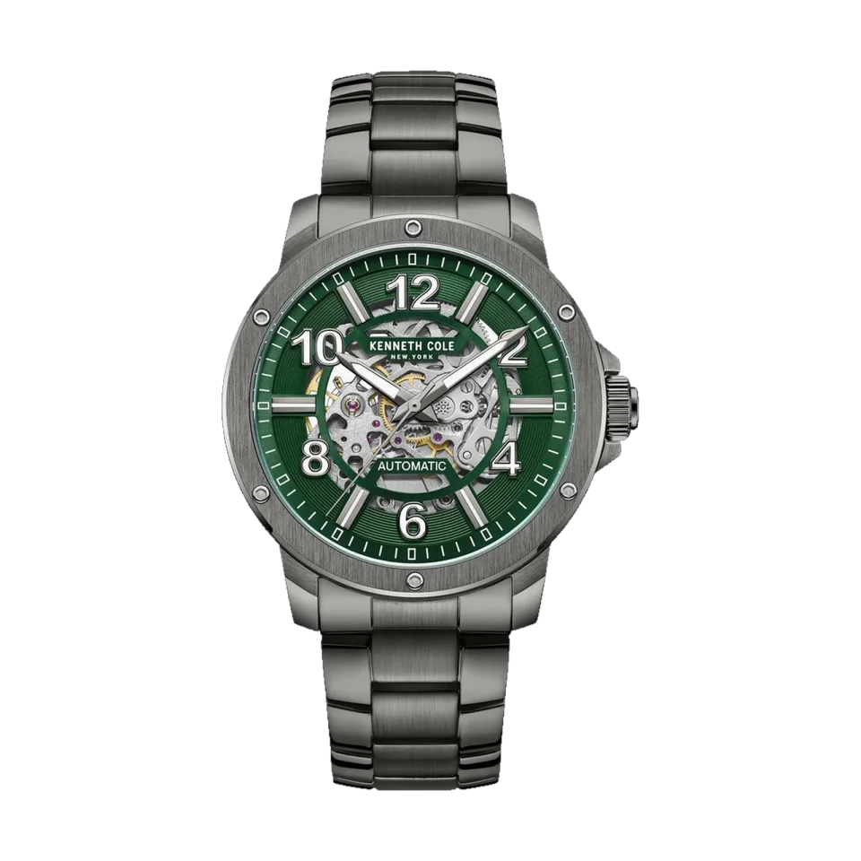 Kenneth Cole Skeleton Automatic watch with green dial and grey metal strap