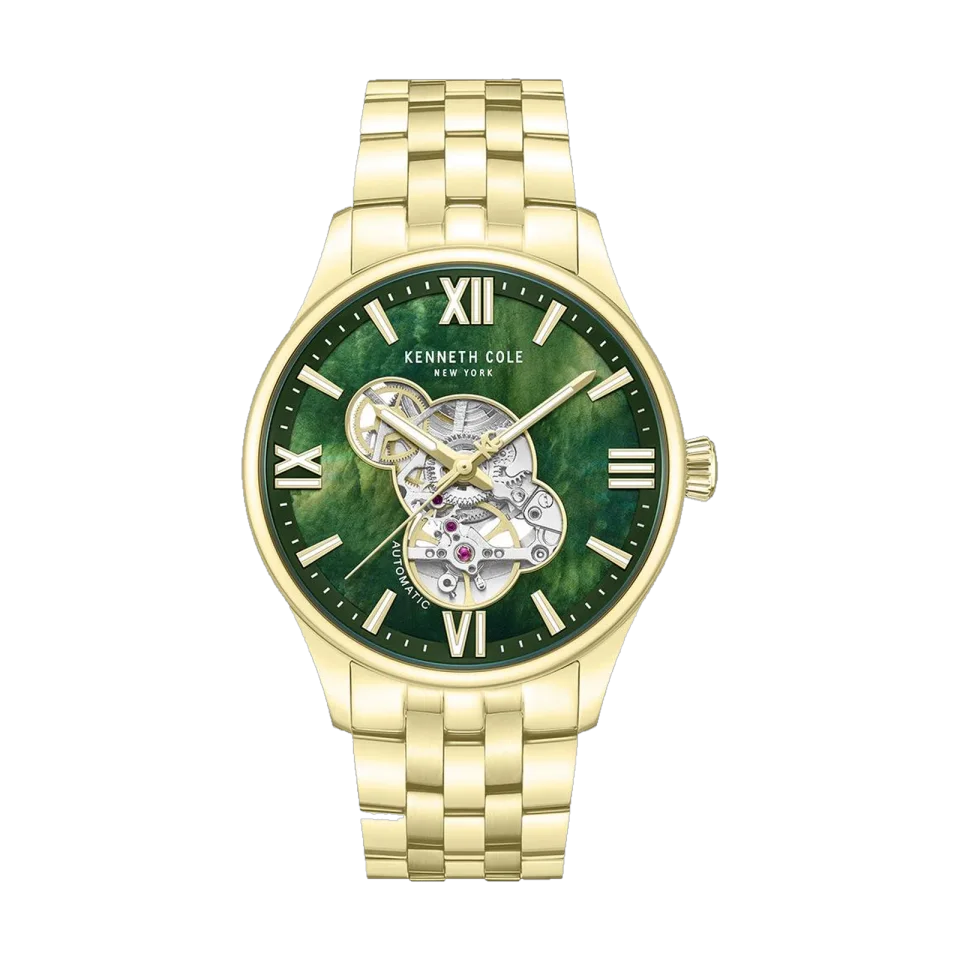 Kenneth Cole Varick men’s automatic watch with green dial, 43 mm stainless steel case and golden strap.