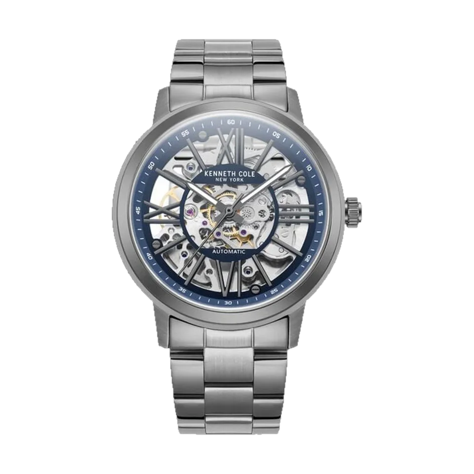 Kenneth Cole men’s automatic watch with blue dial, stainless steel case and grey steel bracelet