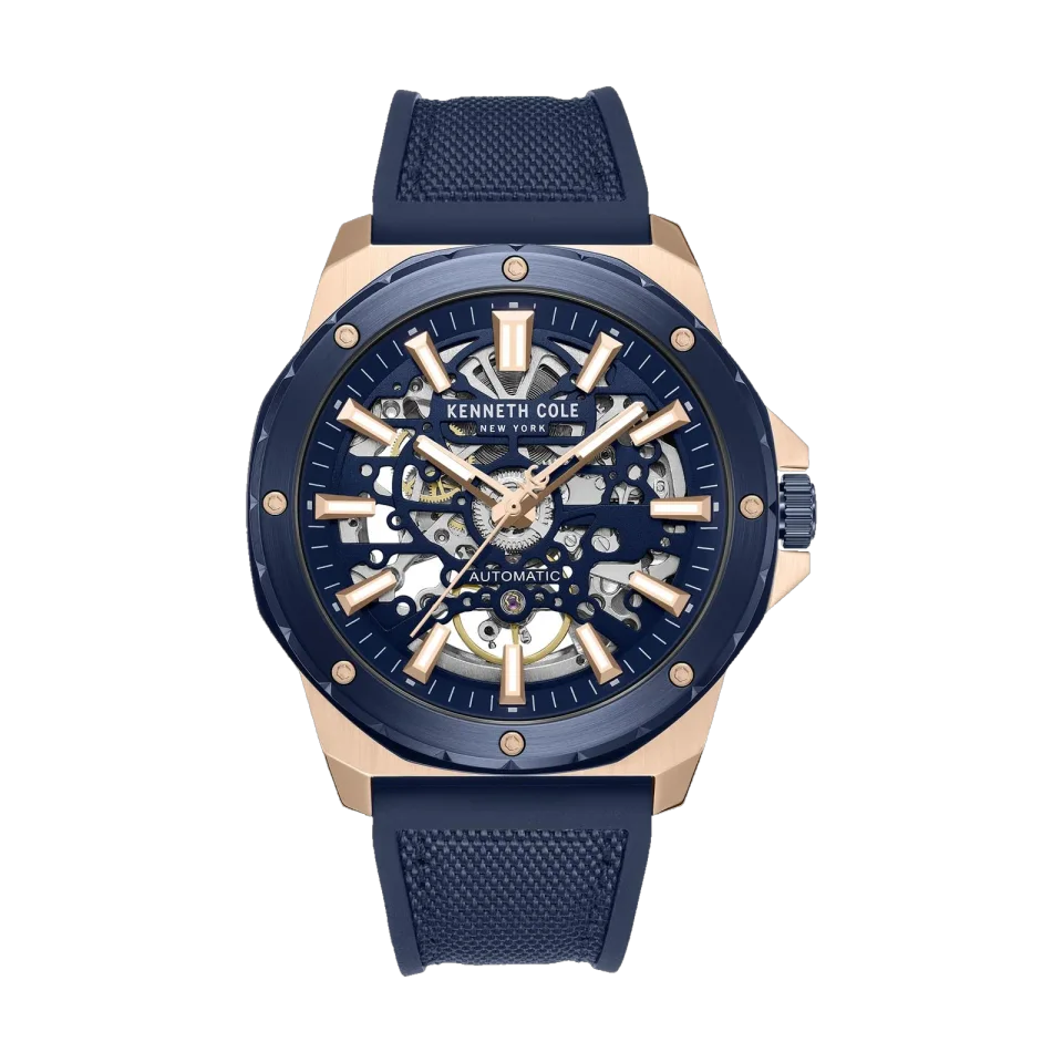 Kenneth Cole AUTMC men’s automatic watch with blue dial, stainless steel case and blue silicone strap.
