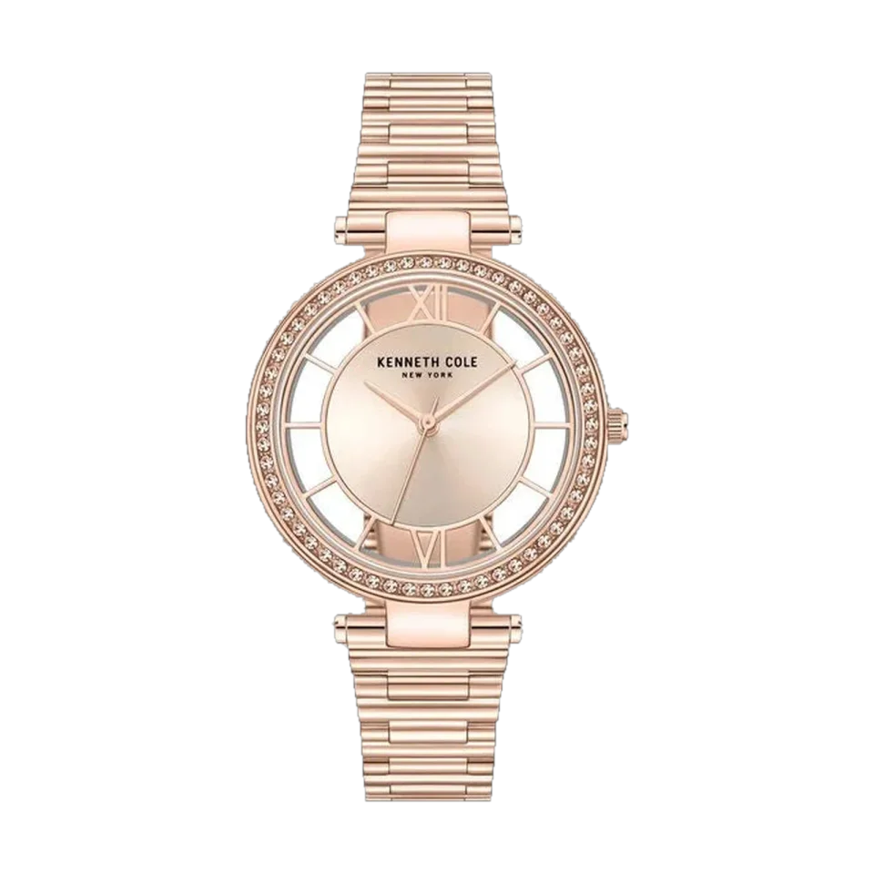 Kenneth Cole women’s analogue watch with a rose gold dial and rose gold stainless steel strap.