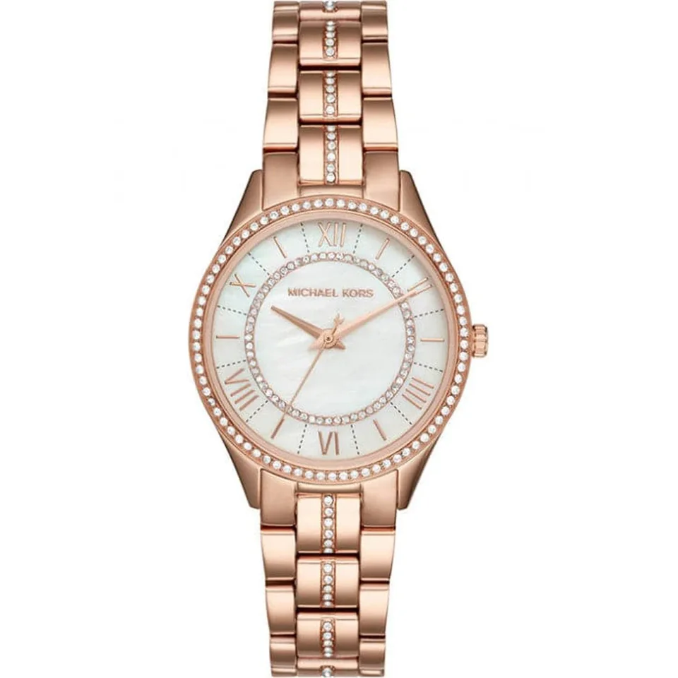 Michael Kors Lauryn women’s watch with a white dial, 33 mm stainless-steel case and rose-gold stainless-steel bracelet.