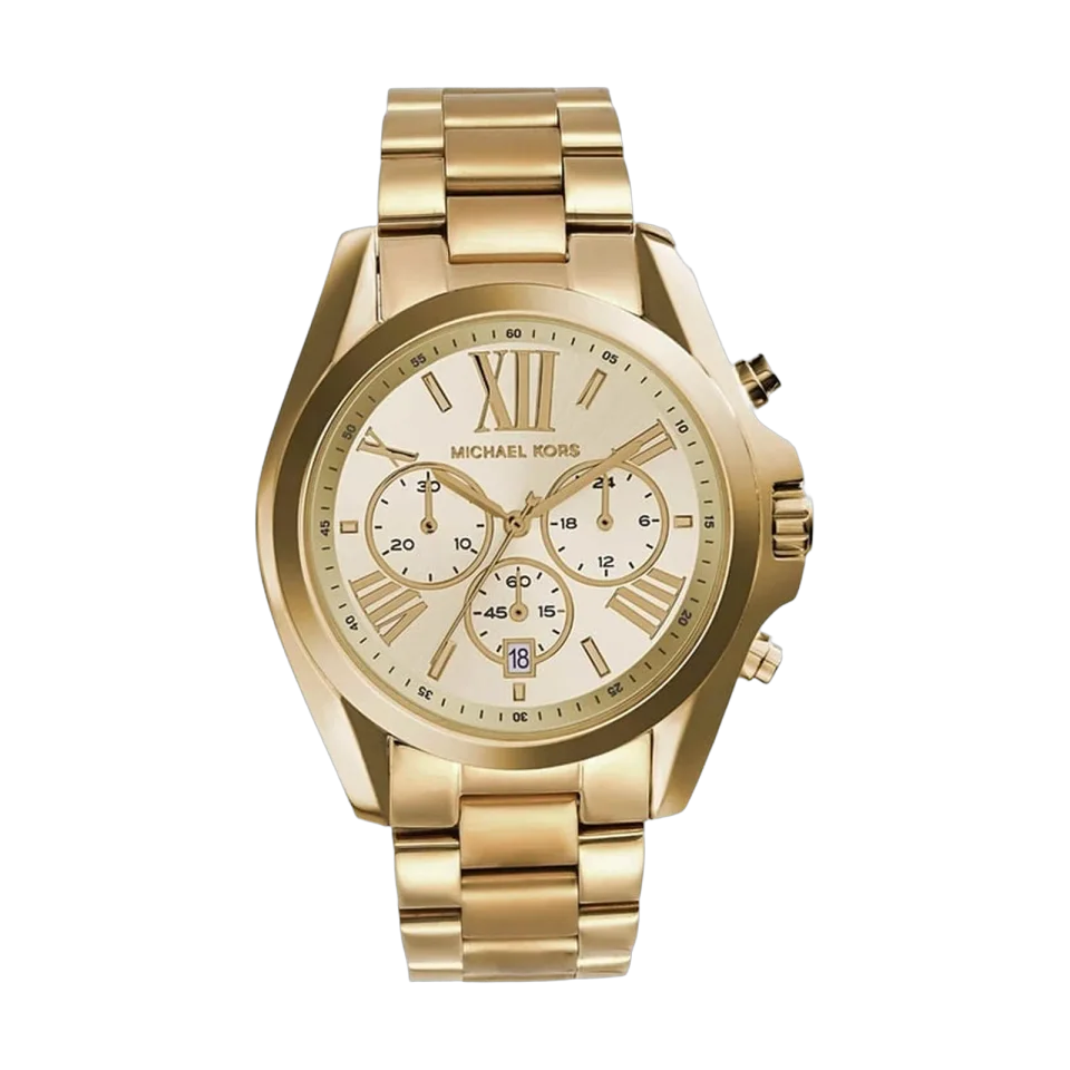 Michael Kors Bradshaw chronograph watch for women with a gold dial and gold stainless steel bracelet