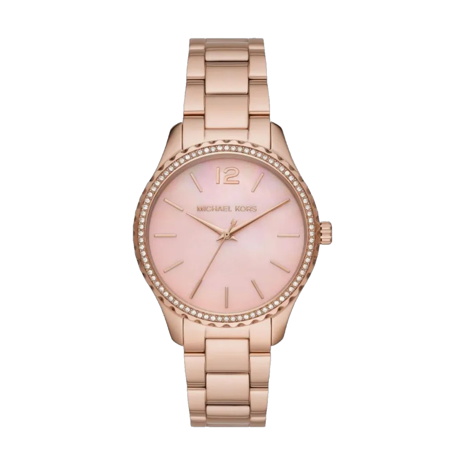 Michael Kors Layton women’s watch with pink dial, rose gold stainless steel bracelet and deployment clasp.