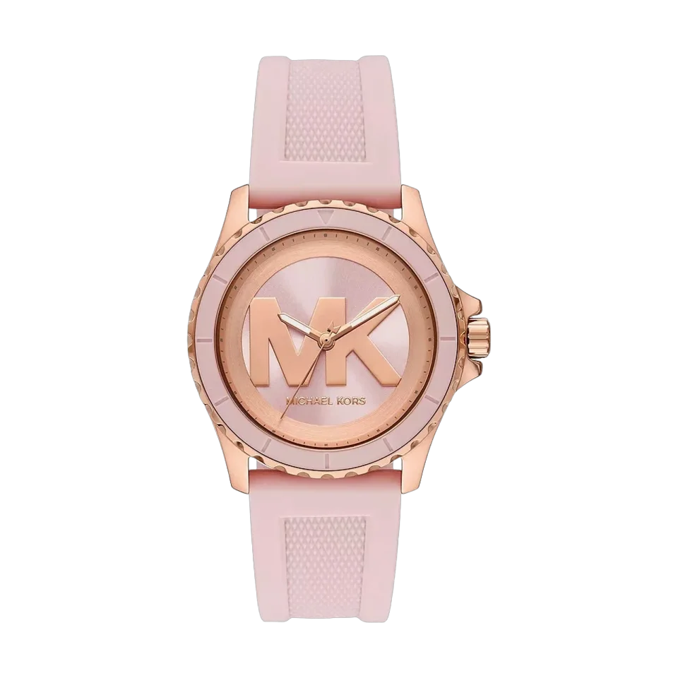 Michael Kors Everest women’s watch with a rose gold-tone 40 mm case, pink dial and pink silicone strap.