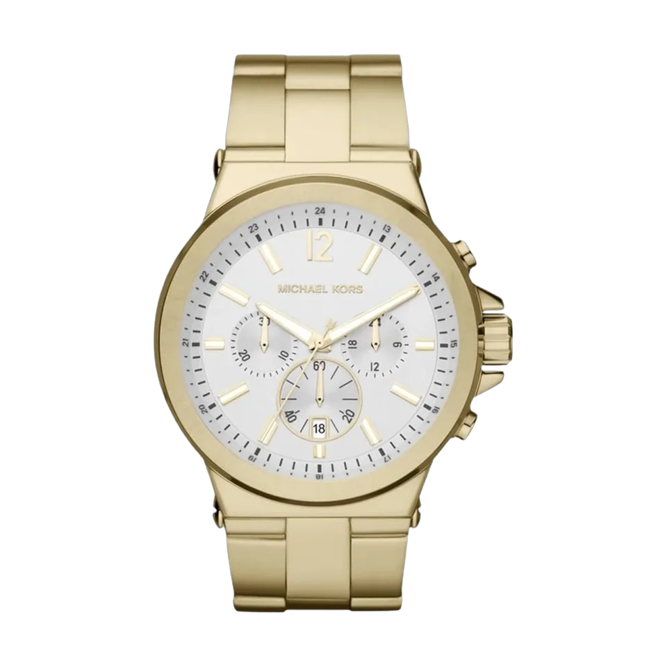Michael Kors Dylan MK8278 men’s analogue watch with white dial and gold stainless steel bracelet.