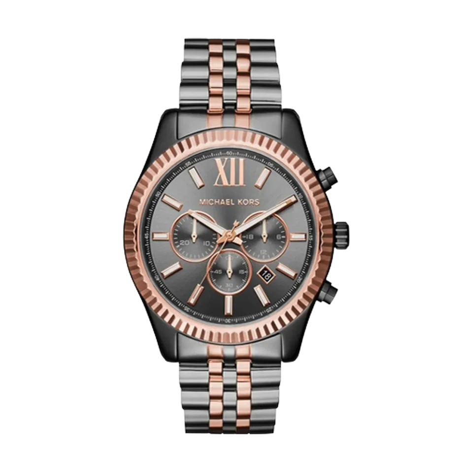 Michael Kors Lexington Chronograph men’s watch with grey dial and stainless steel bracelet.