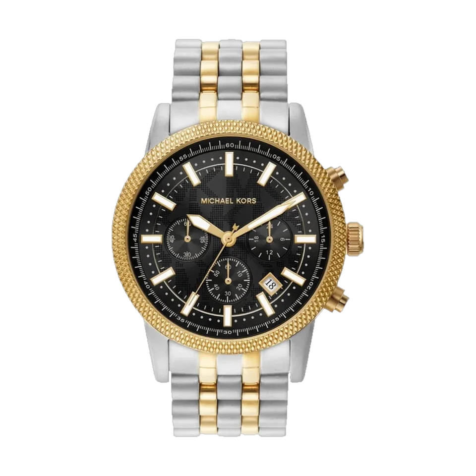 Michael Kors Hutton Chronograph watch with black dial and gold stainless steel bracelet.