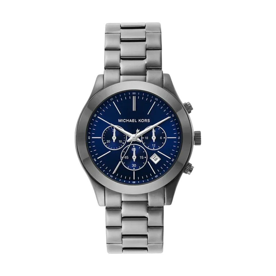 Michael Kors Slim Runway Chronograph watch with blue dial and grey stainless steel bracelet