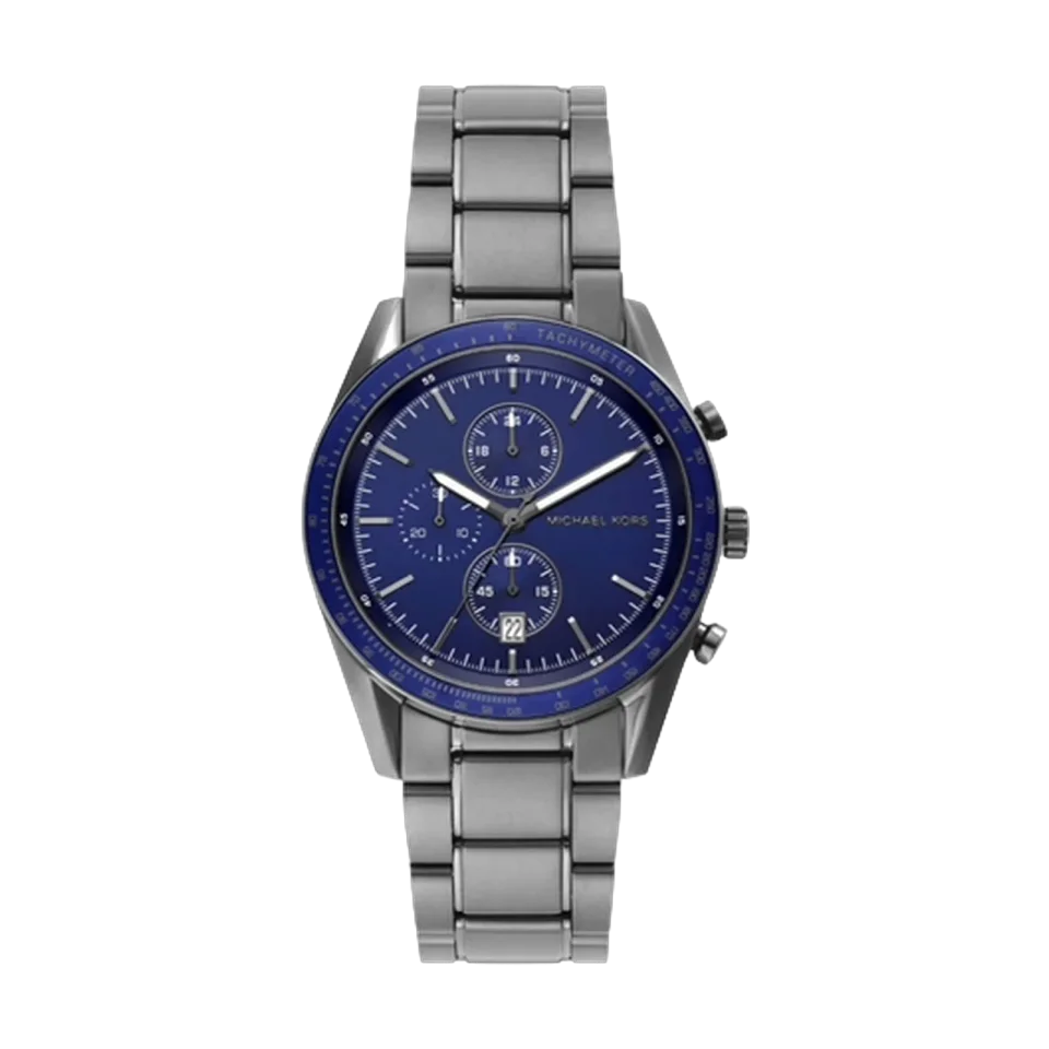 Michael Kors MK9111 men’s chronograph watch with a blue dial and grey stainless steel strap