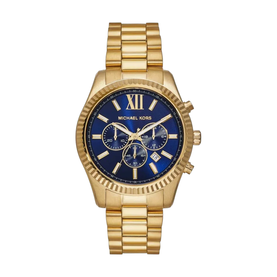 Michael Kors Lexington MK9153 men’s chronograph watch with blue dial and gold stainless steel bracelet.