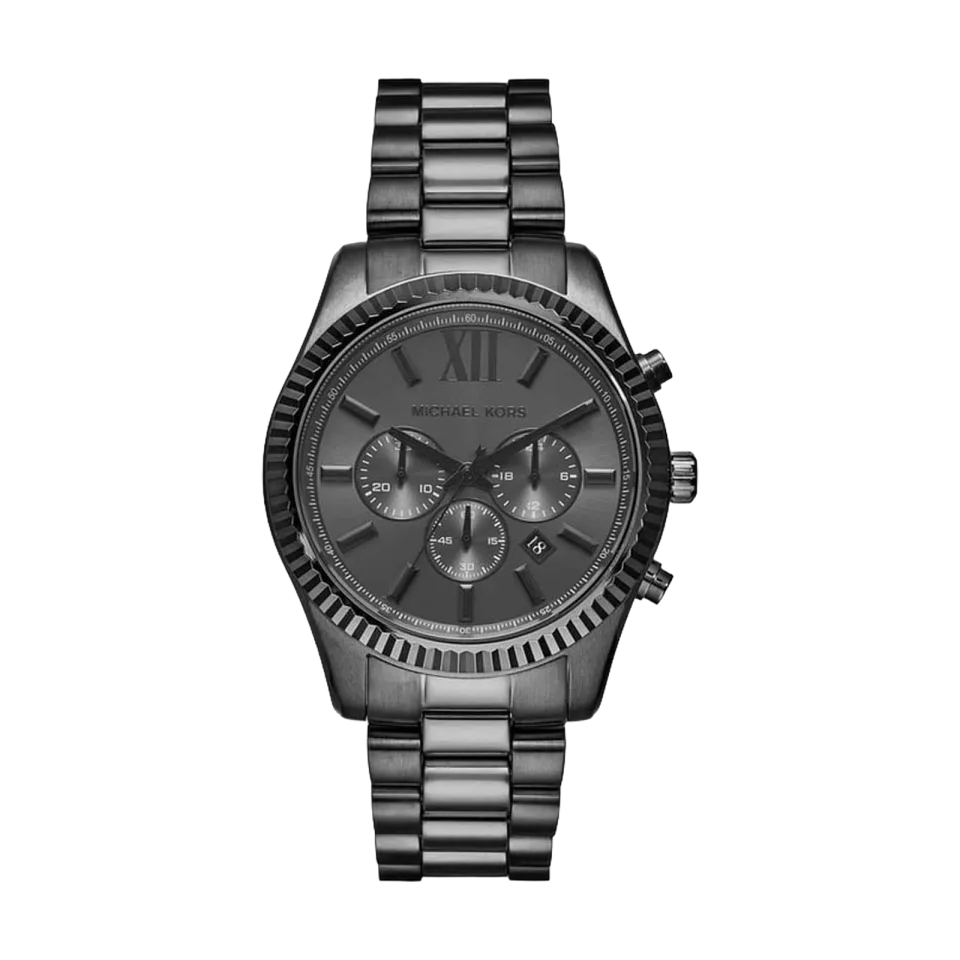 Michael Kors Lexington Chronograph watch with black dial and black stainless steel bracelet