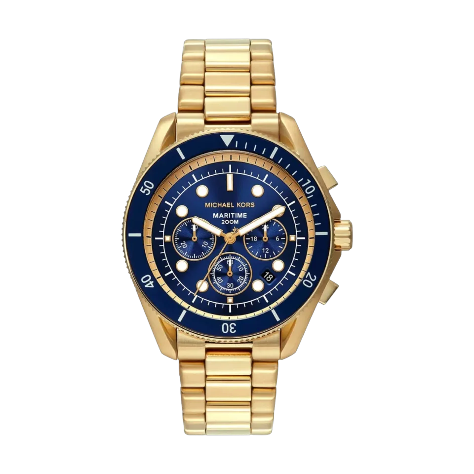 Michael Kors Maritime MK9202 men’s watch with blue dial, gold-tone stainless steel bracelet and chronograph sub-dials.