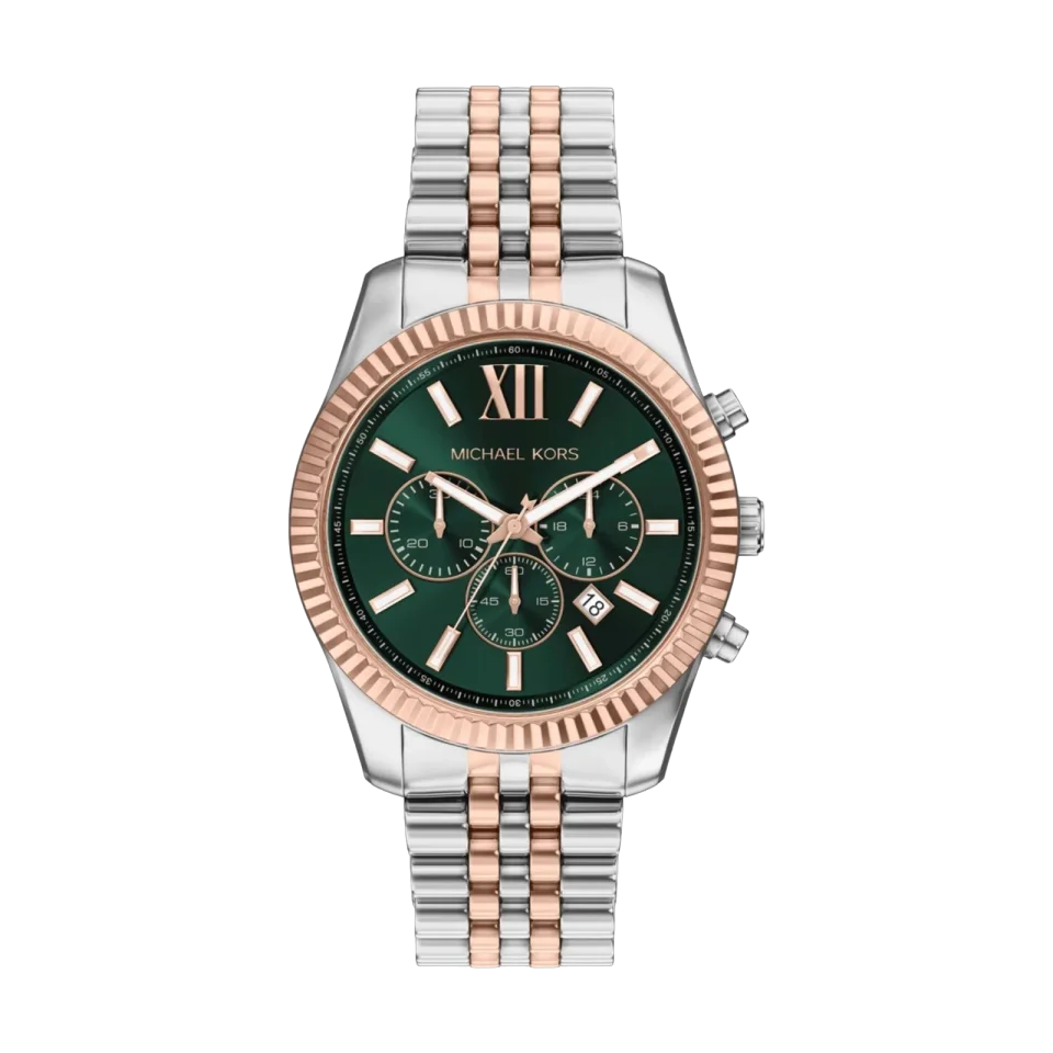 Michael Kors Lexington men's chronograph watch with green dial, two-tone rose gold and silver stainless steel bracelet, and stainless steel case.