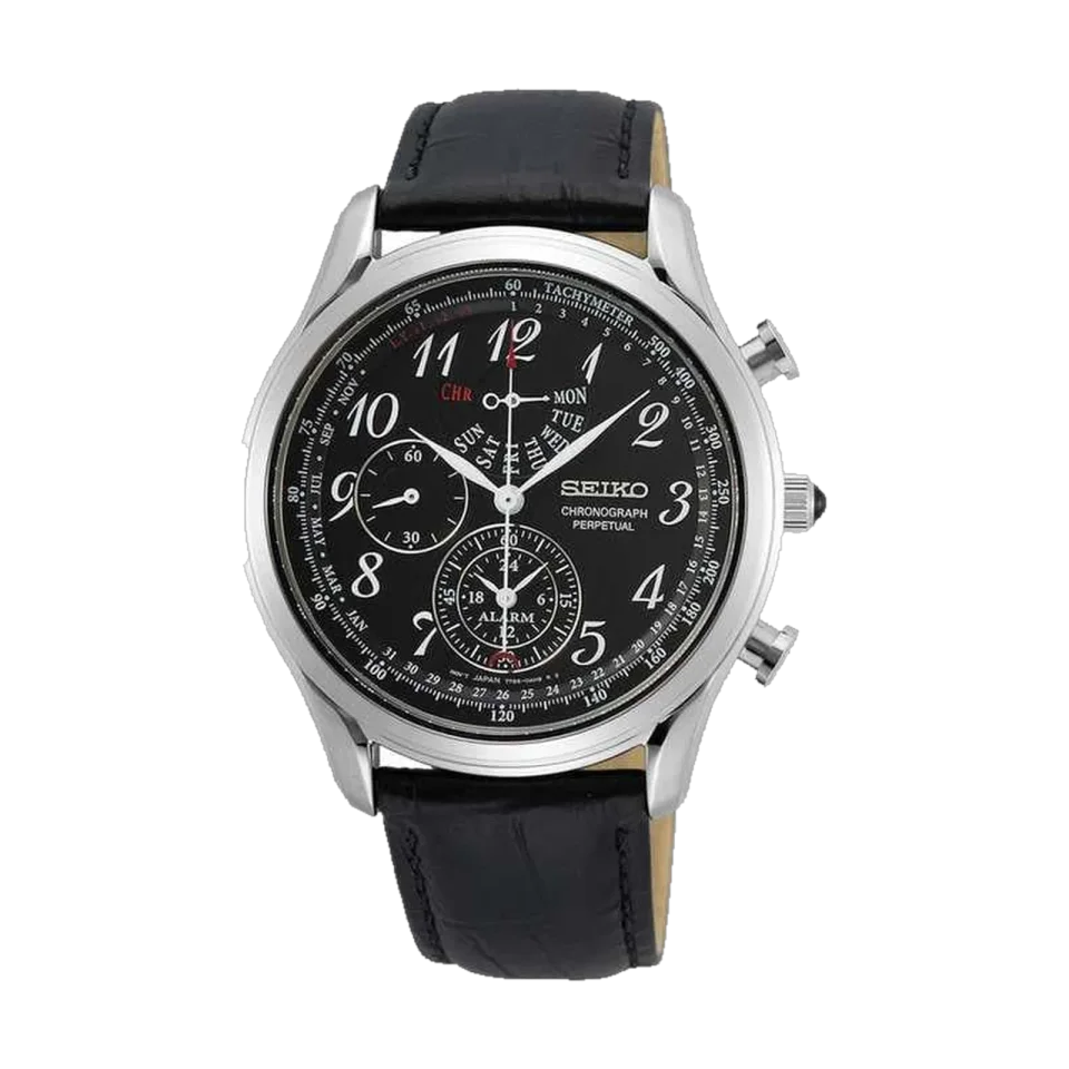 SEIKO Dress Chronograph SPC255P1 with black dial, stainless steel case and black leather strap