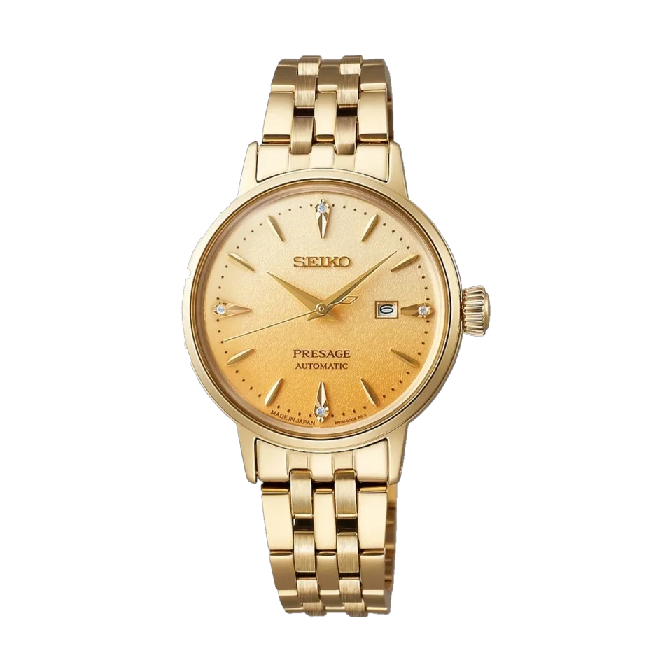 Seiko Presage women’s automatic watch with gold dial, stainless steel case and gold stainless steel bracelet