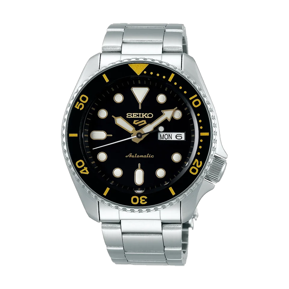 Seiko 5 Sports Automatic Watch SRPD57K1 with black dial, gold accents, stainless steel case and silver metal strap