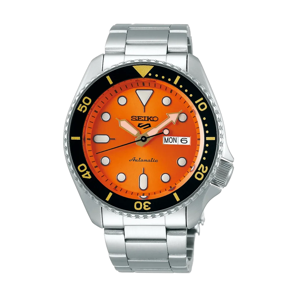Seiko 5 Sports SRPD59K1 automatic watch with orange dial, stainless steel case and silver metal bracelet