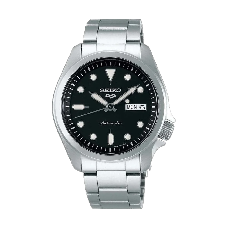 SEIKO 5 Sports SRPE55K1 watch with black dial, stainless steel case and silver stainless steel bracelet.