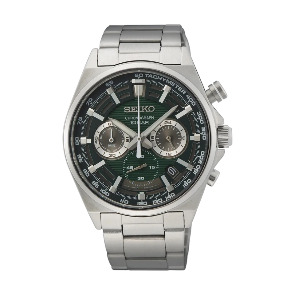 Seiko Dress Chronograph watch with green dial, stainless steel case and silver metal bracelet