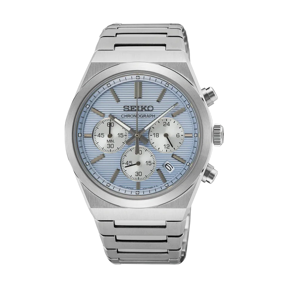 Seiko men’s chronograph watch with blue dial, stainless steel case and bracelet, and date display.