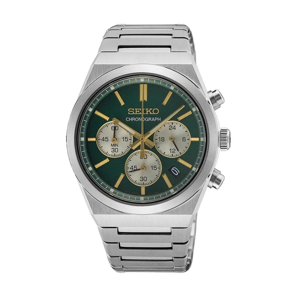 Seiko men’s chronograph watch with green dial, stainless-steel case and bracelet, and three sub-dials.