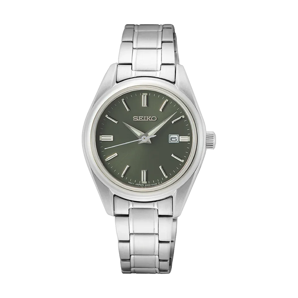 SEIKO women’s dress watch with olive green dial, stainless steel case and metal bracelet