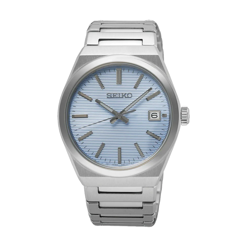 Seiko men’s quartz watch with textured blue dial, stainless steel case and bracelet, and date display.