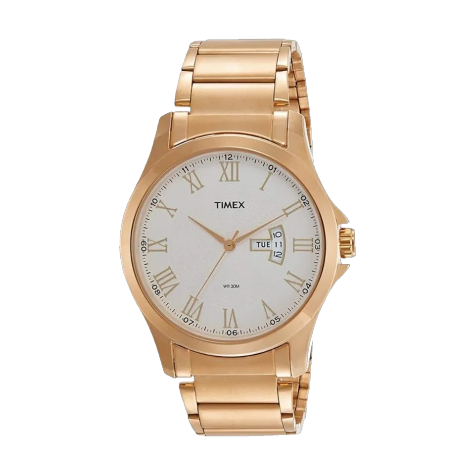 Timex Classics men’s watch with silver dial, rose gold stainless steel bracelet and day-date display.