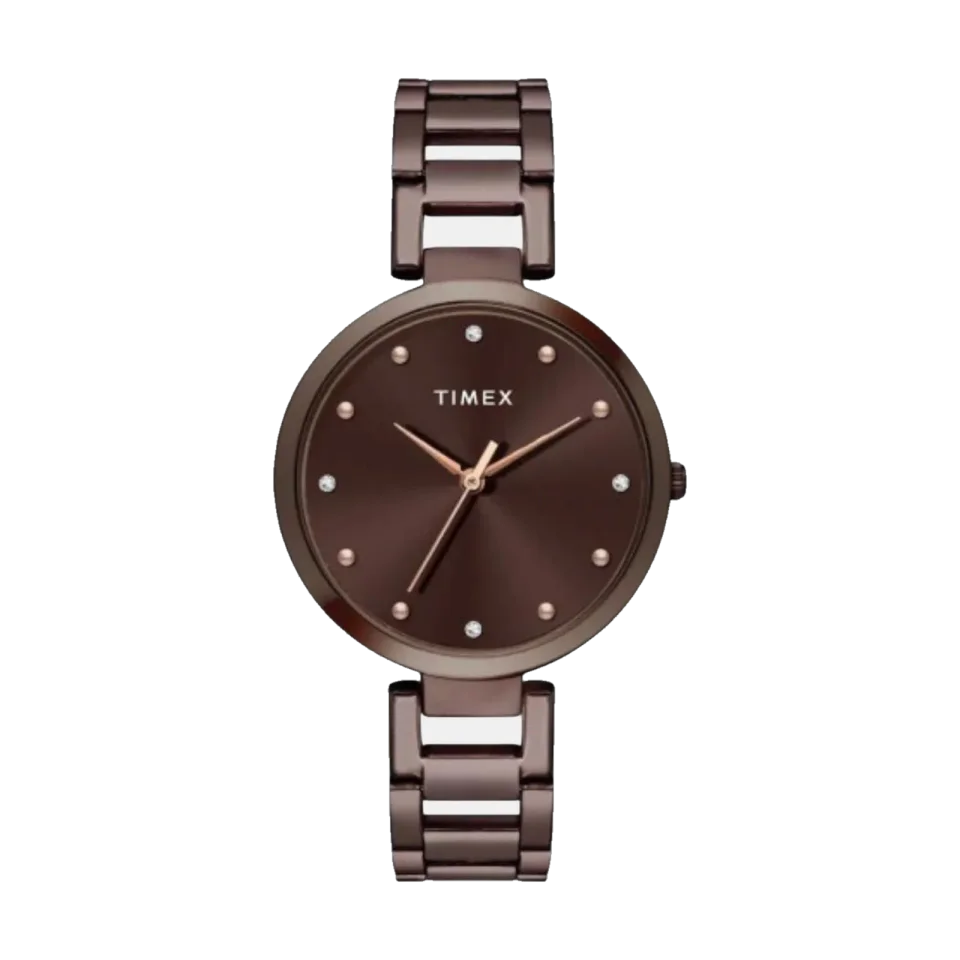 Timex women’s analogue watch with a brown dial and brown stainless steel strap.
