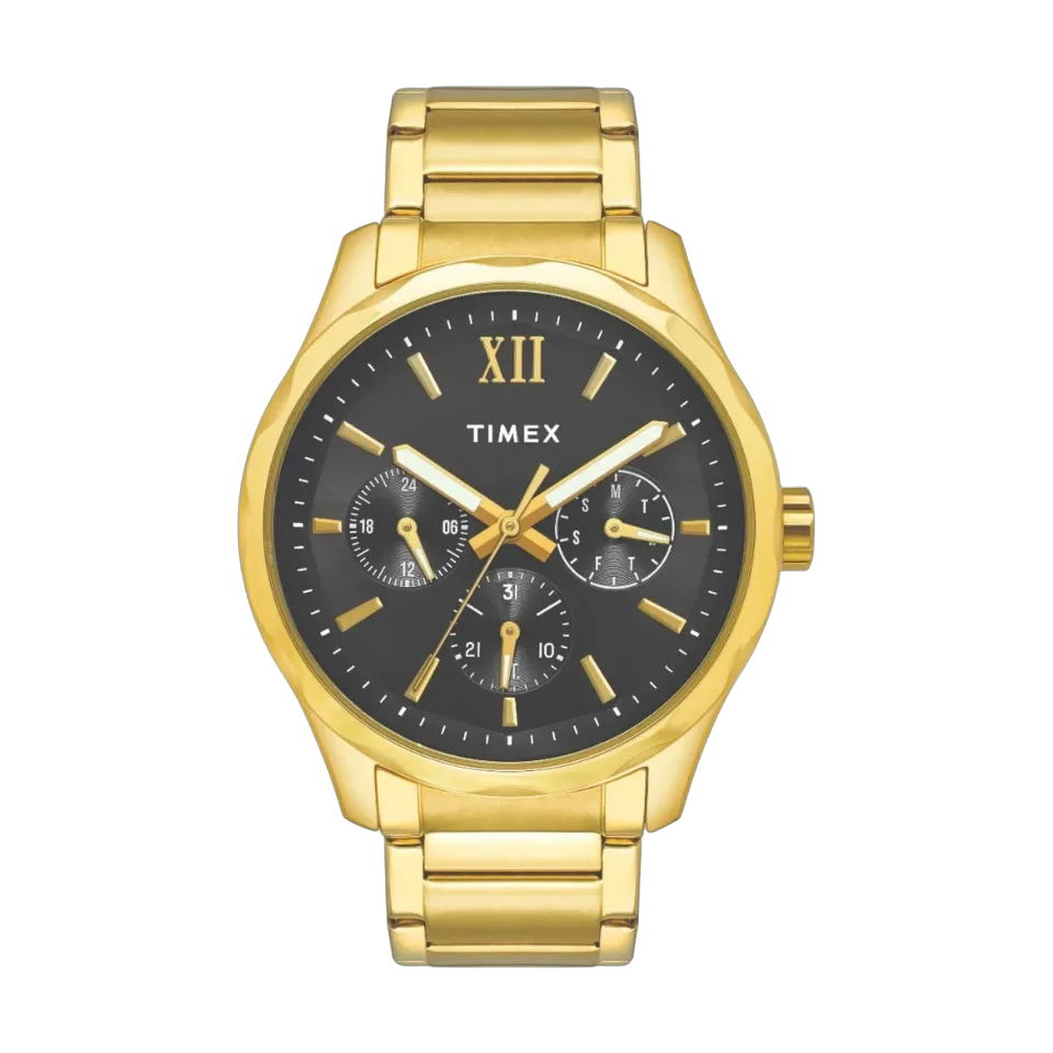 Timex Empera watch with a 36 mm case and gold stainless steel strap.