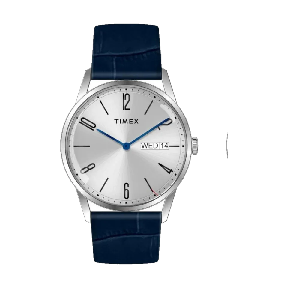 TIMEX Cipher men’s watch with silver dial, stainless steel case and leather strap.