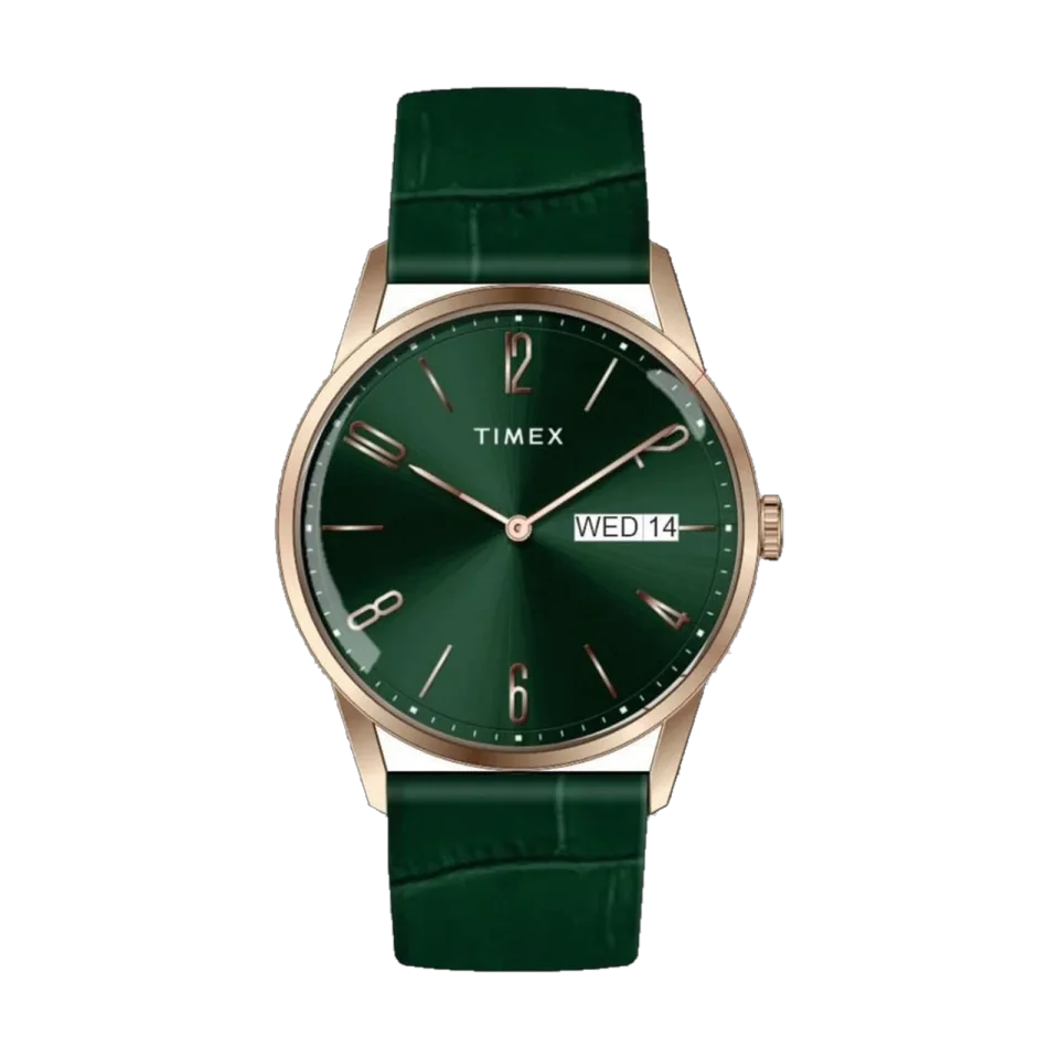 TIMEX Cipher men’s watch with green dial, stainless steel case and leather strap.