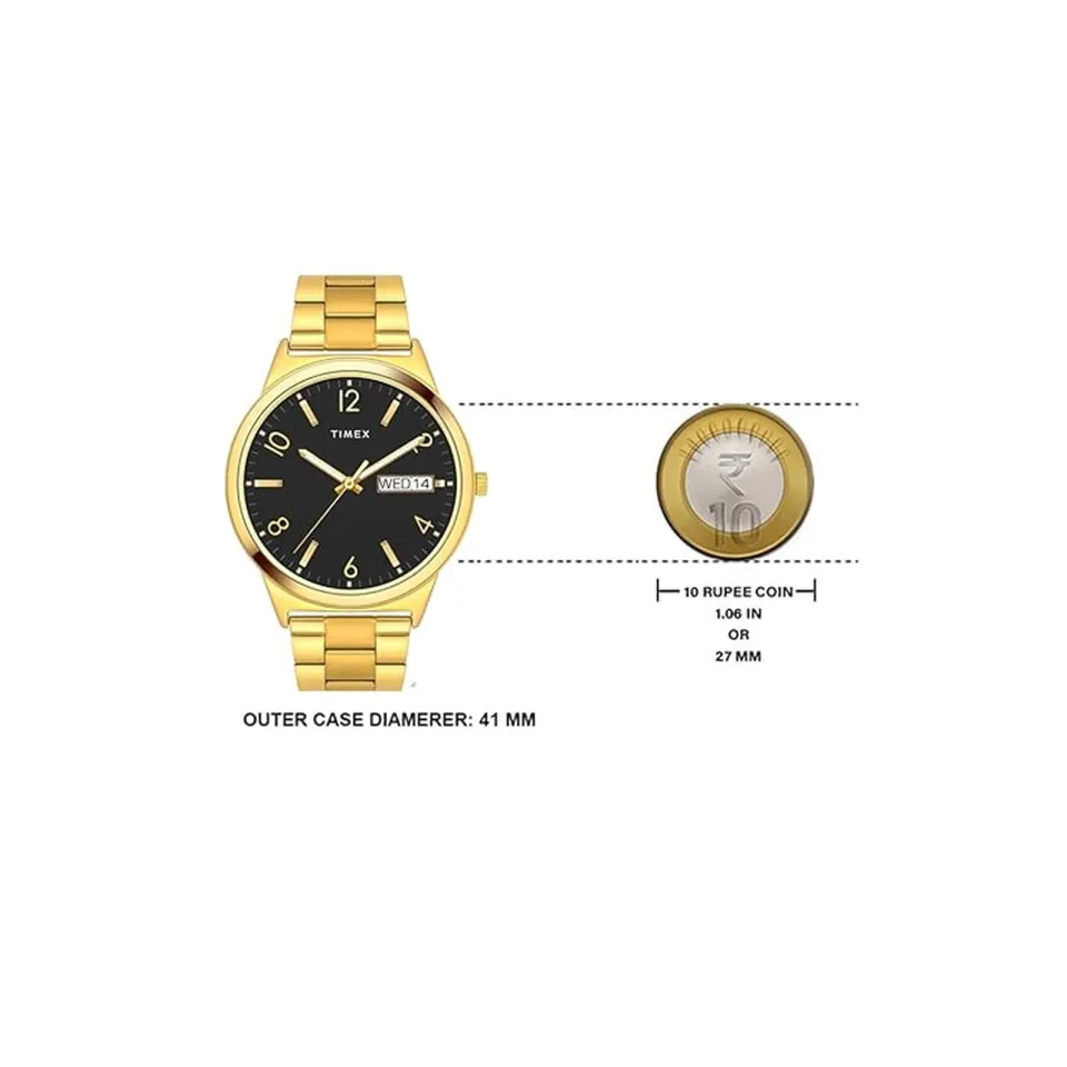 Timex men’s analog watch with black dial, 41 mm coloured case and gold stainless steel strap.