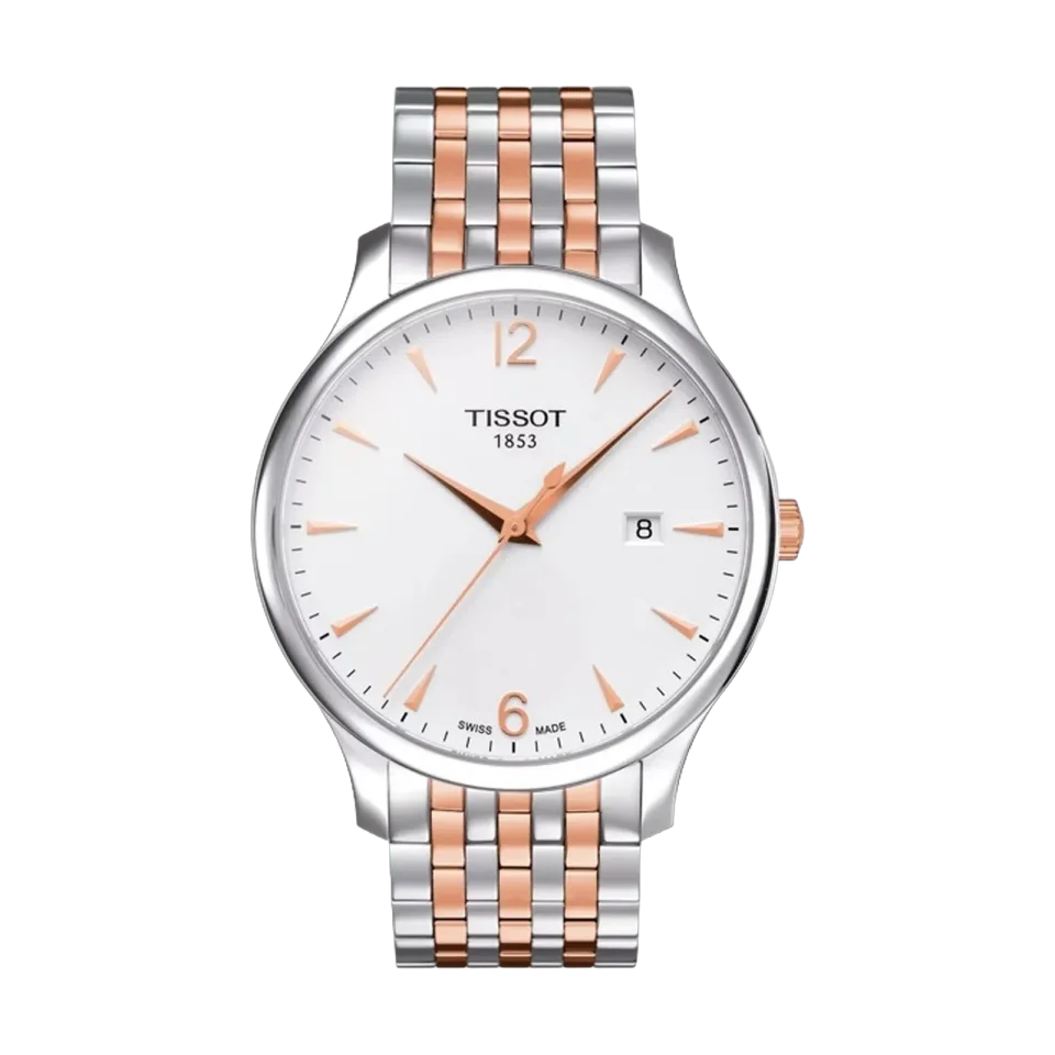 Tissot Tradition men’s watch with silver dial, rose gold PVD case and stainless steel bracelet