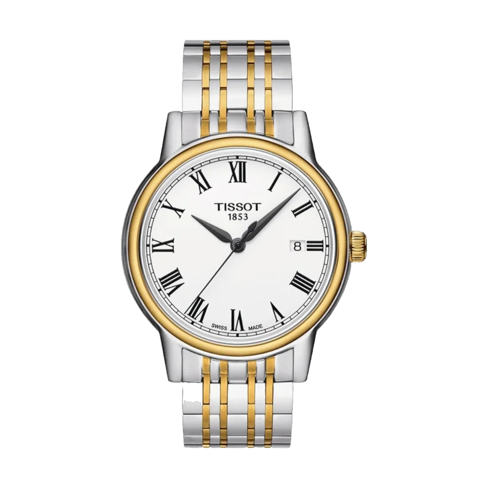 Tissot Carson men’s watch with white dial, stainless steel case and silver stainless steel bracelet.