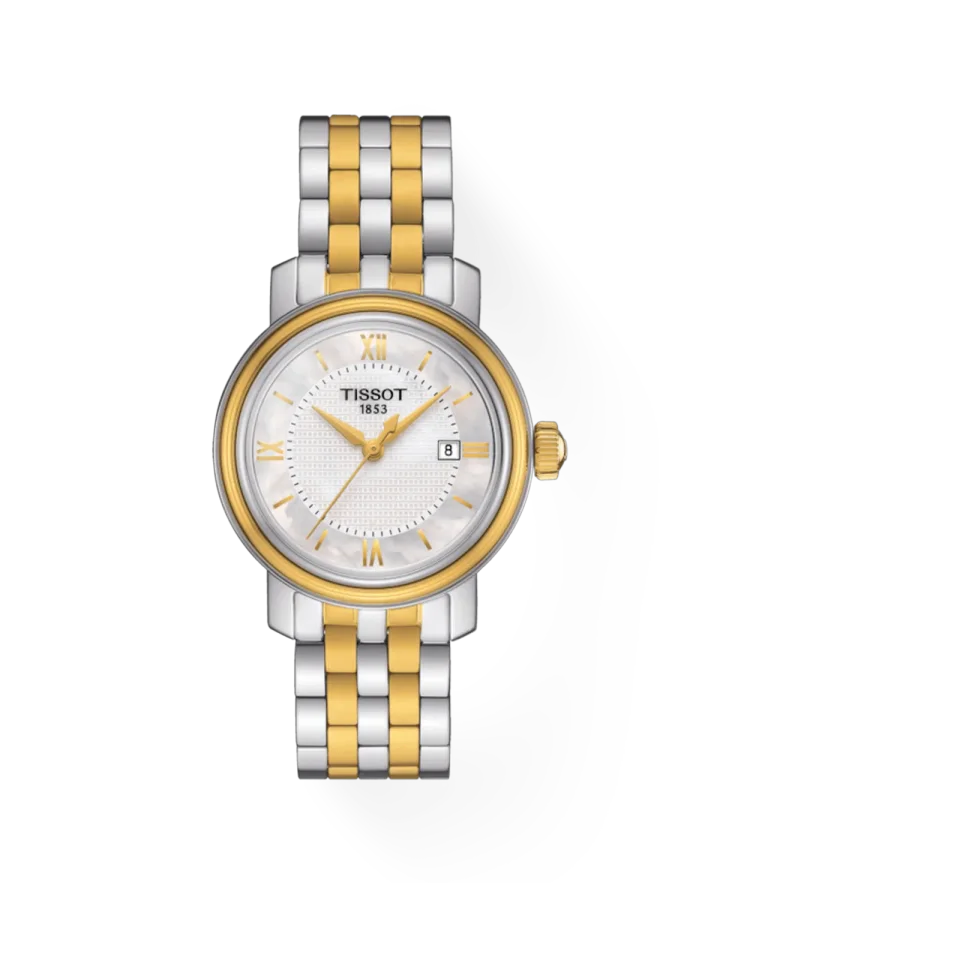 Tissot Bridgeport Lady women’s watch with mother-of-pearl dial, steel case with yellow gold PVD, and two-tone bracelet.