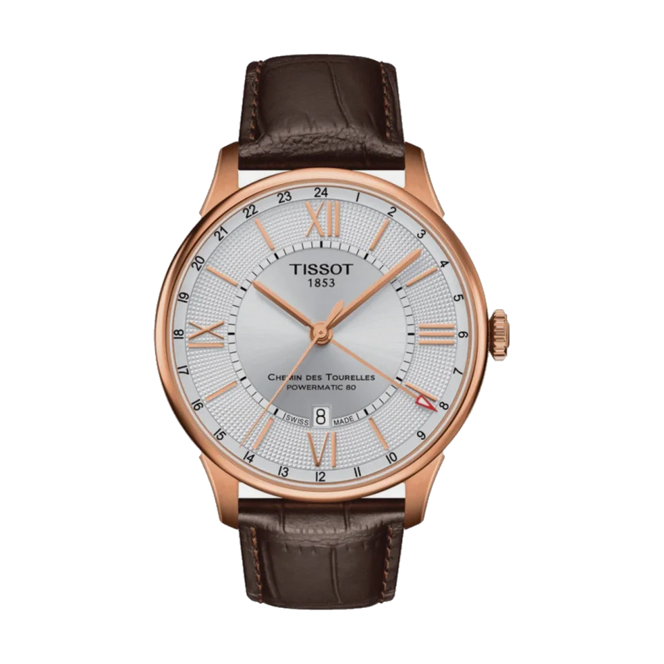 Tissot Chemin Des Tourelles men’s automatic watch with white dial, stainless steel case and brown leather strap.