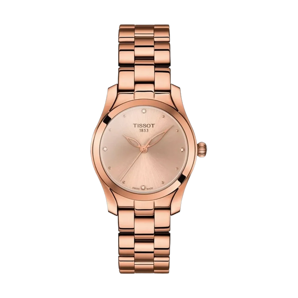 Tissot T-Wave women’s watch with cream dial, rose gold PVD steel case and bracelet, and diamond markers.
