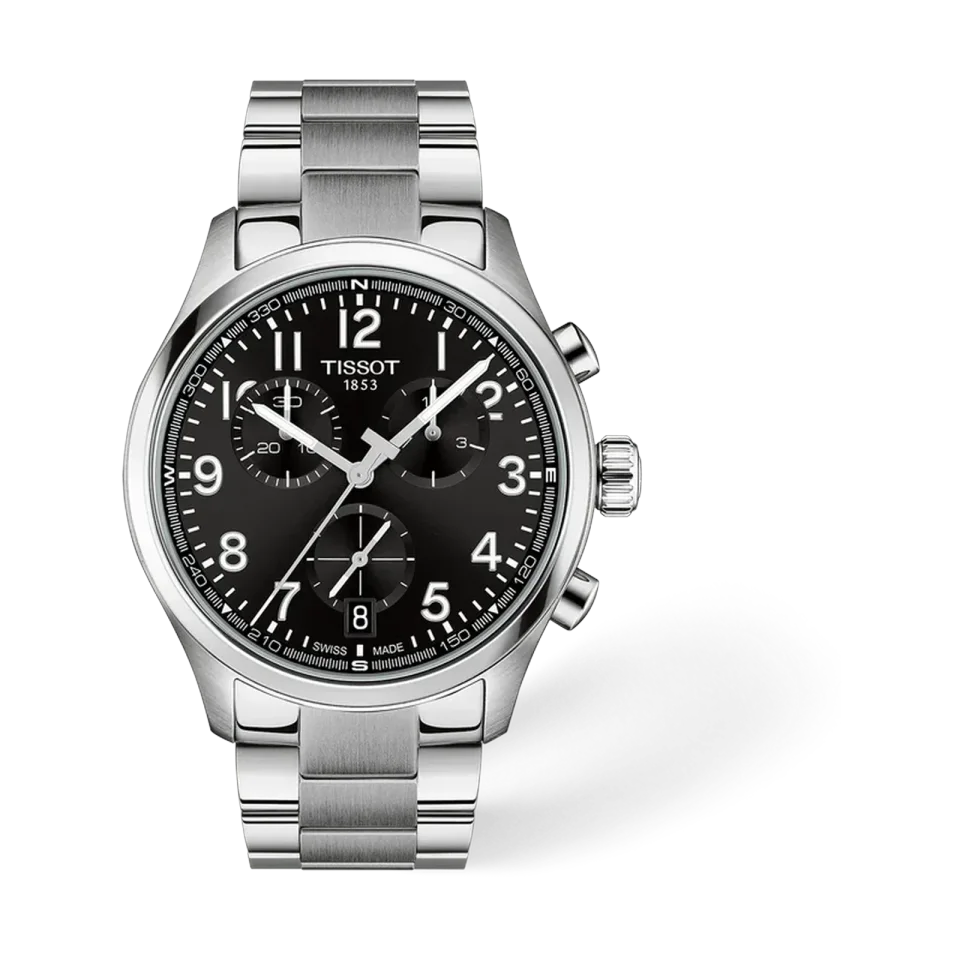 Tissot Chrono L 42mm watch with black dial, stainless steel case and bracelet, and three subdials.