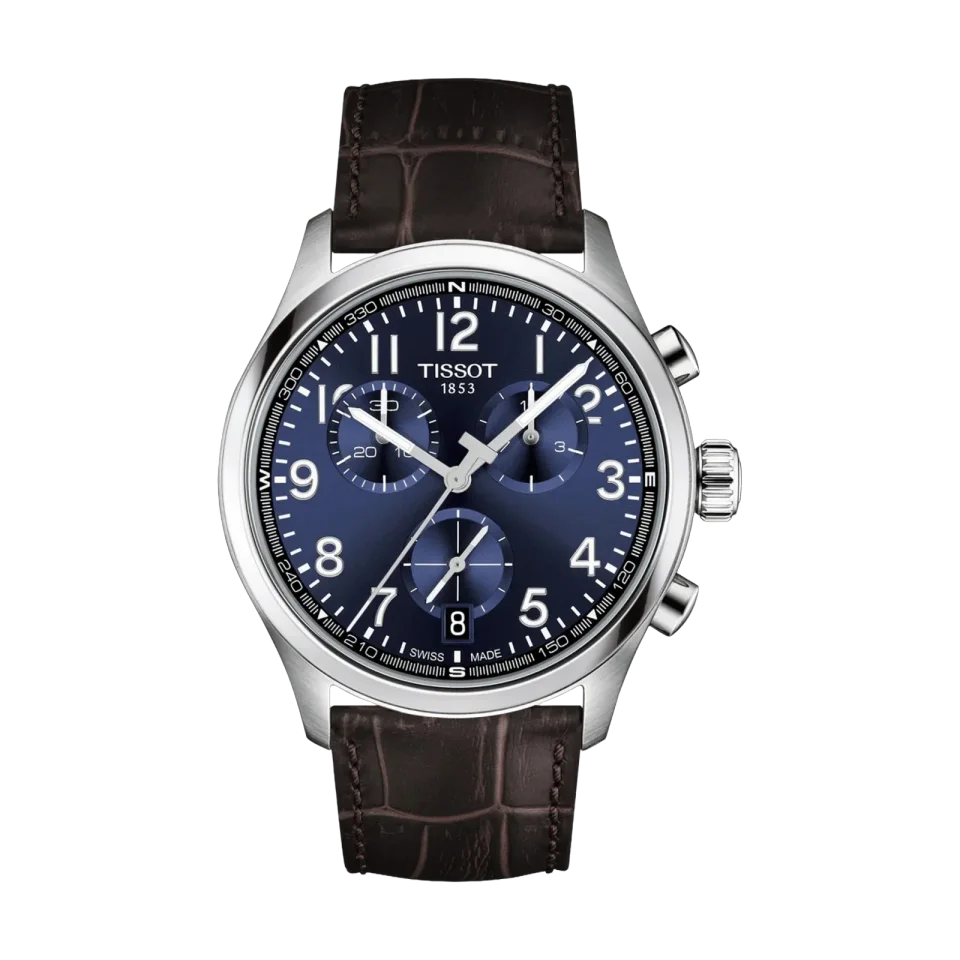 Tissot Chrono XL men’s watch with blue dial, brown leather strap and chronograph sub-dials