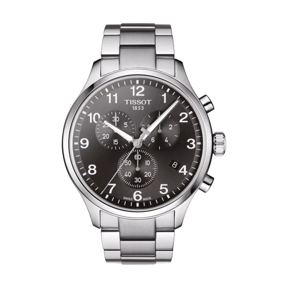 Tissot Chrono XL Classic men’s chronograph with black dial, Arabic markers and stainless steel bracelet.
