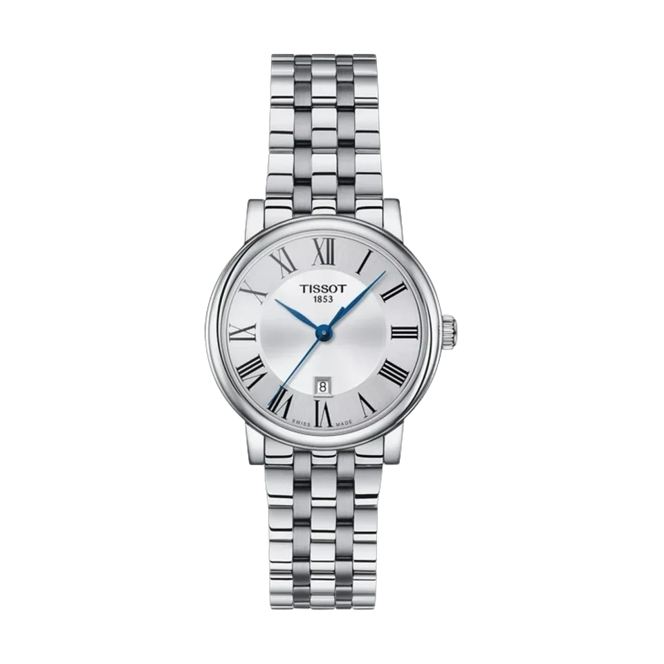 Tissot Carson Premium Lady women’s watch with silver dial, Roman markers and grey stainless steel bracelet.