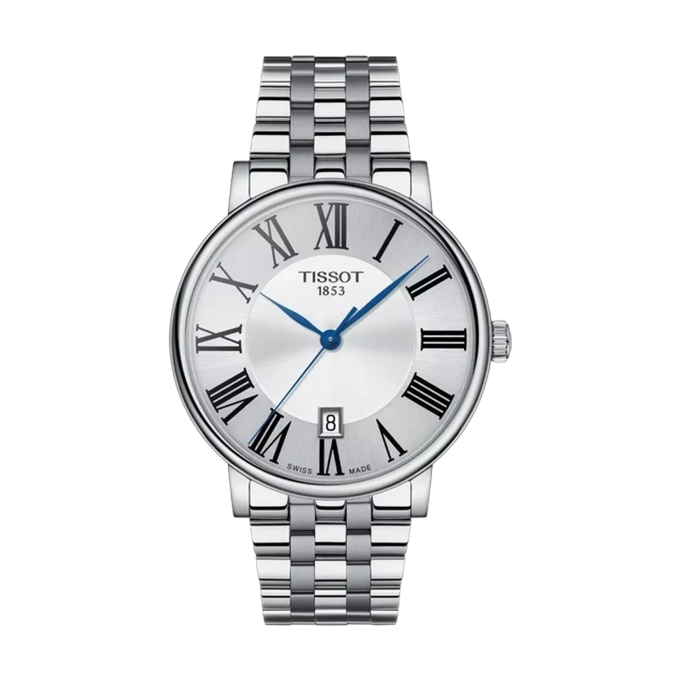 Tissot Carson Premium men’s watch with silver dial, Roman numerals, slim hands and stainless steel bracelet.