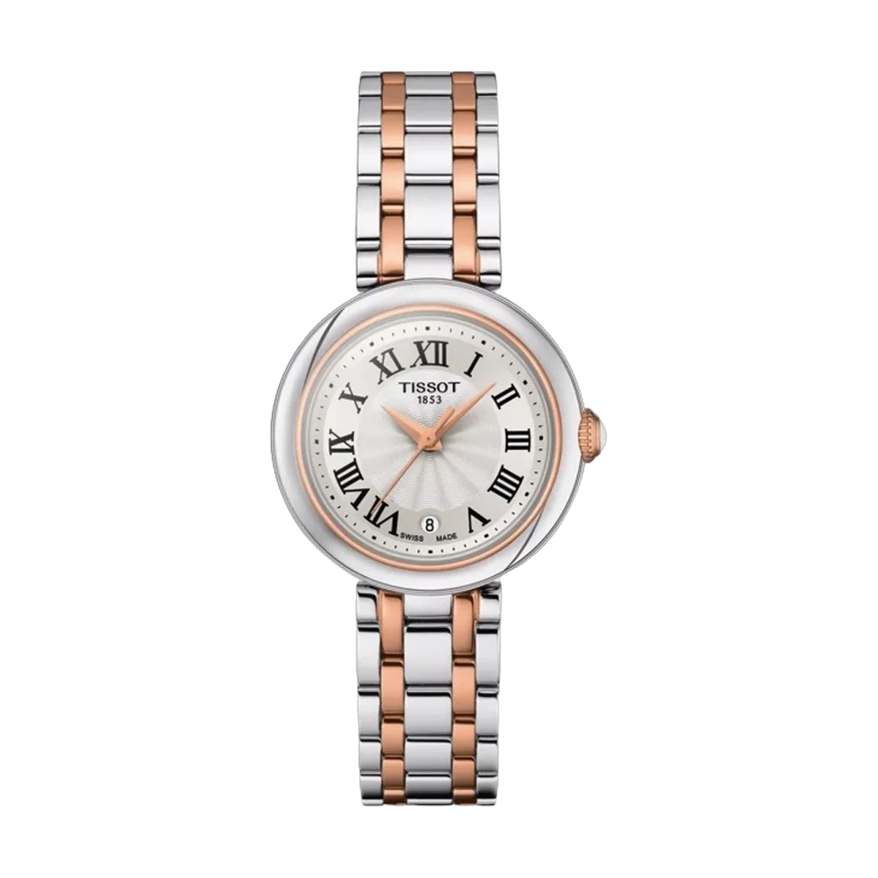 Tissot Bellissima Small Lady women’s watch with white Roman dial, rose gold PVD steel case and stainless steel bracelet.