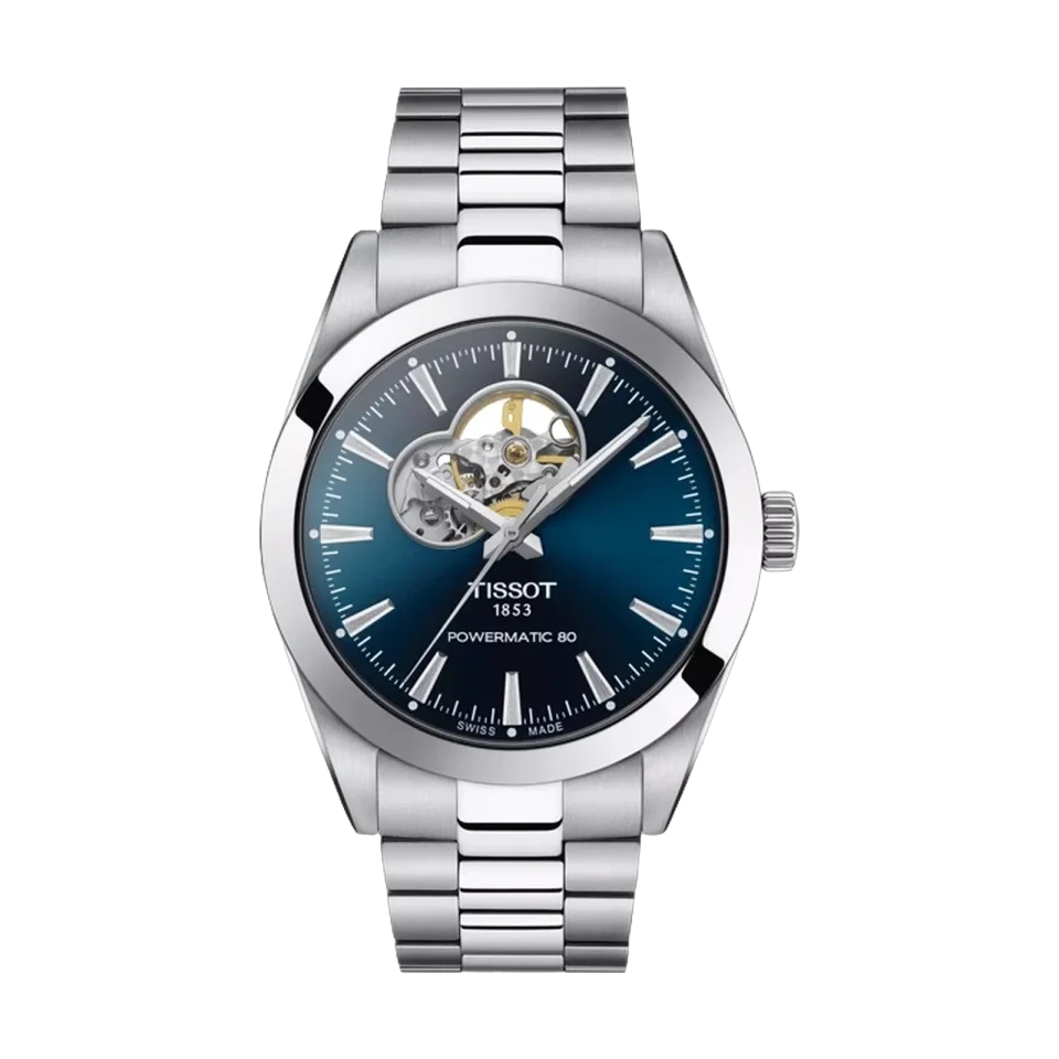 Tissot Gentleman Powermatic 80 Open Heart watch with blue dial, stainless steel bracelet and see-through caseback